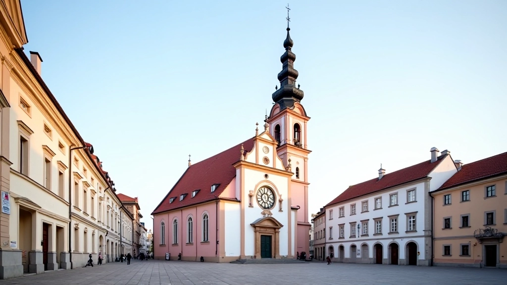 Kostel Všech svatých dominuje Telčskému náměstí s barokní věží a růžovou fasádou