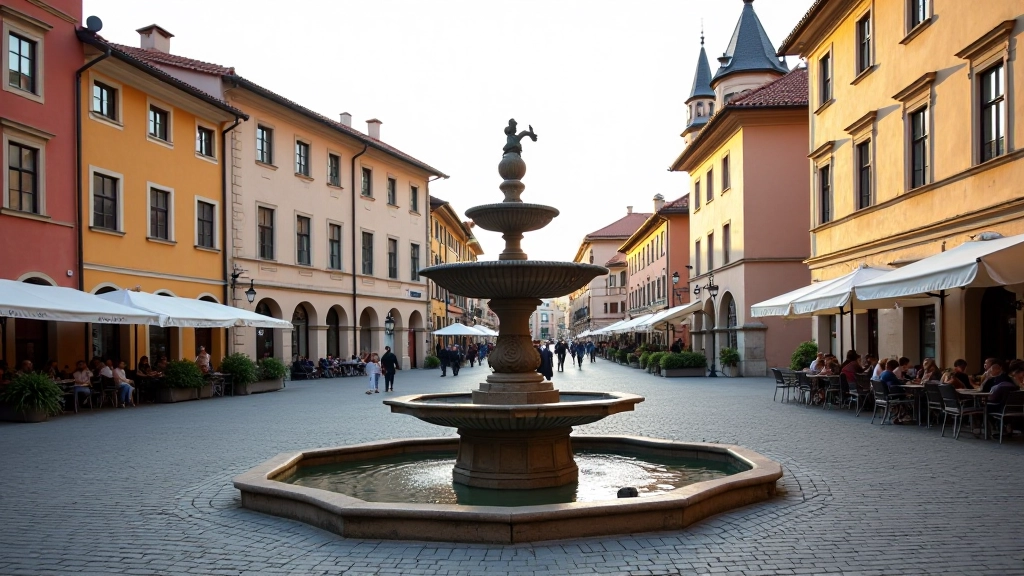 Historické budovy na Telčském náměstí s reflexí v kašně