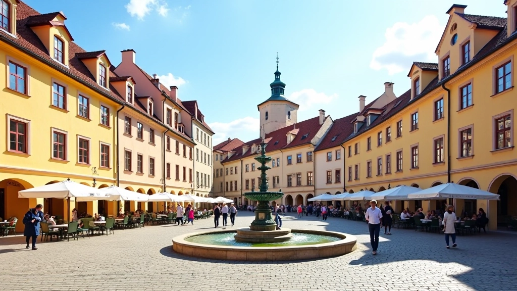 Telčské náměstí se sochami a historickými budovami s barevnými fasádami