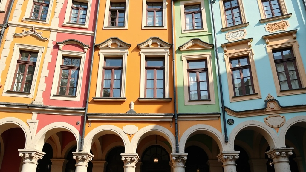 Detailní pohled na barevné fasády domů s renesančními okny a rustickými prvky na Telčském náměstí