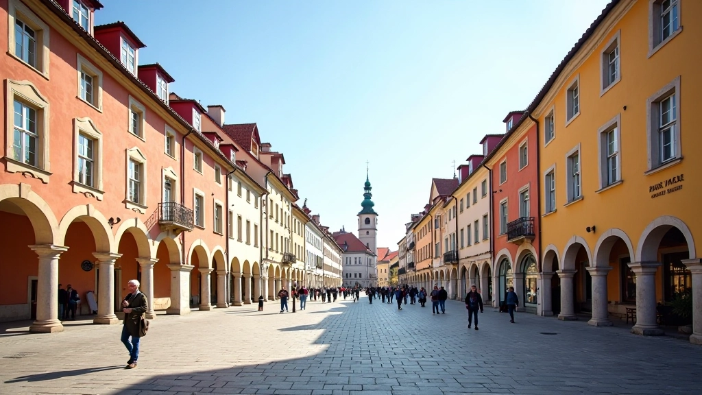Celkový pohled na Telčské náměstí s arkádami, barevnými domy a kostelní věží v pozadí