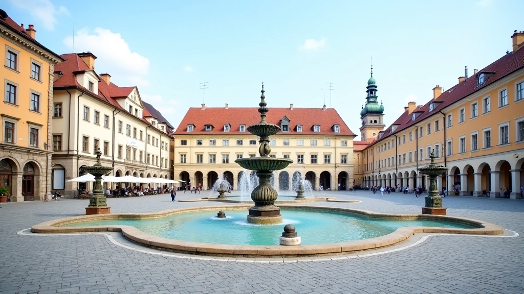 Telčské náměstí s více kašnami a jejich architektonickými detaily